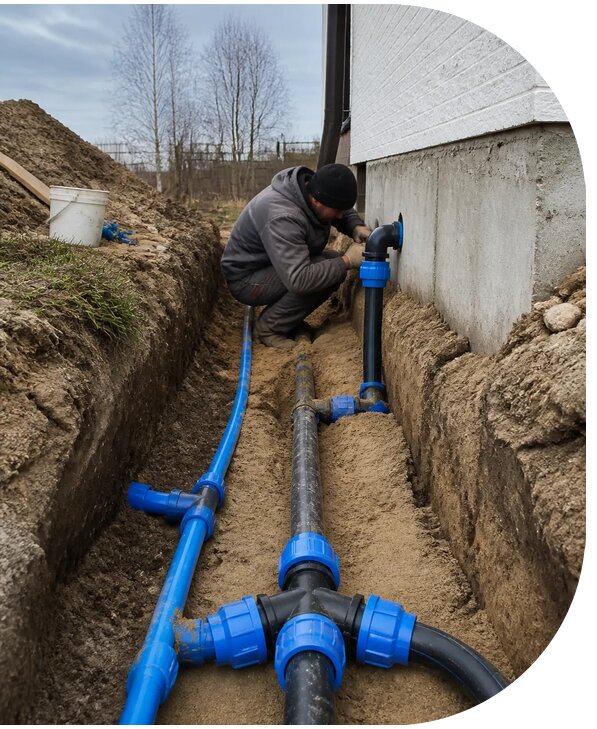 Монтаж наружного водопровода на участке под ключ в Петергофе
